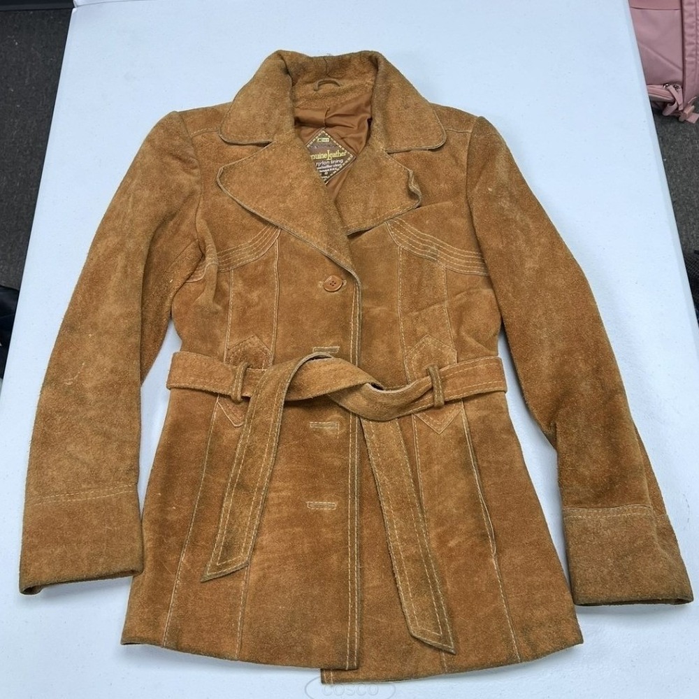 Vintage Suede Leather Jacket Womens 8 Brown Belted 70s Western Boho Coat